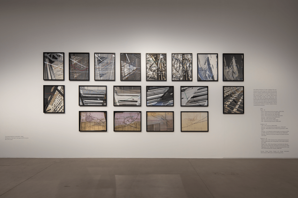 Navjot Altaf, Installation view of How Perfect Perfection Can Be (2014-2020). 18 watercolour drawings on Wasli paper and PVC on acrylic, 81.3 x 57.1 cm each. Shown in Navjot Altaf: Pattern at Ishara Art Foundation, 2022. Image courtesy of Ishara Art Foundation and the artist. Photo by Ismail Noor/Seeing Things.