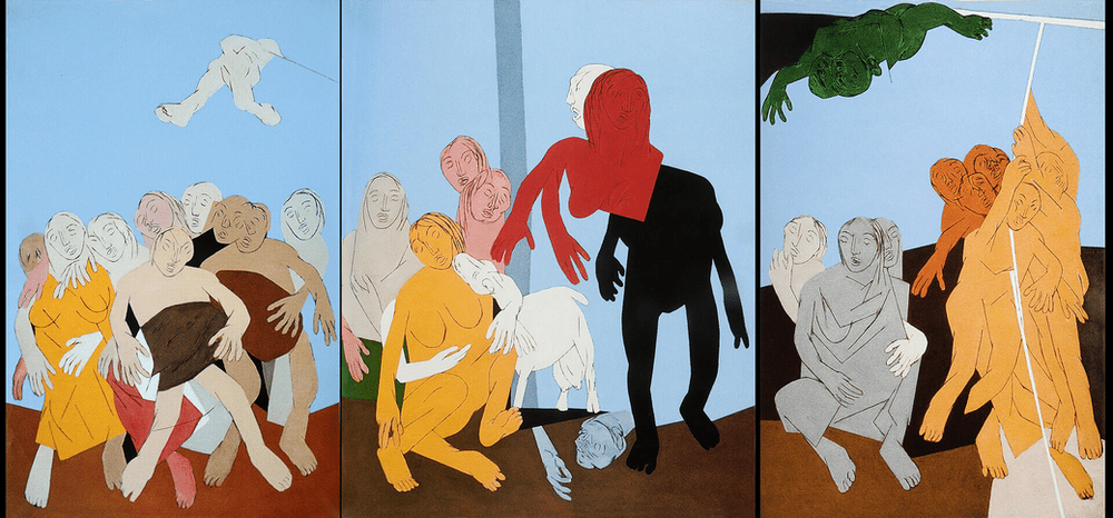 Credits Tyeb Mehta. Santiniketan Triptych. Image Credit: Courtesy of Vadehra Art Gallery. Stir World.