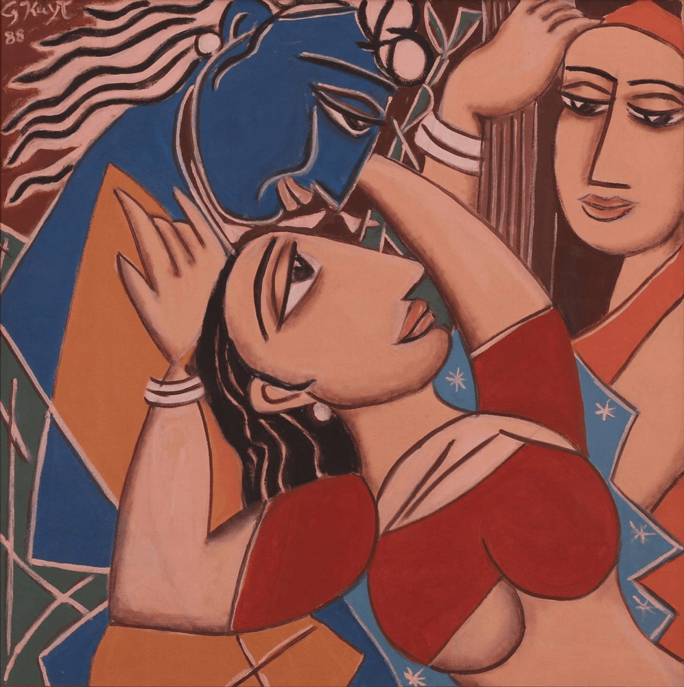 Credits: George Keyt. Krishan/Radha and Gopi. Oil on Canvas. C. 1988. South Asia Institute. Facebook