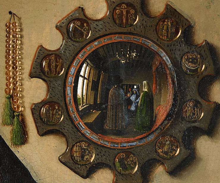 Detailed look at the convex mirror in Jan van Eyck's , 'Arnolfini Portrait'