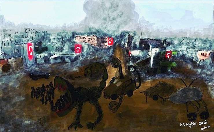 A smartphone drawing by Zehra Dogan of Nusaybin, Turkey destroyed by military forces 