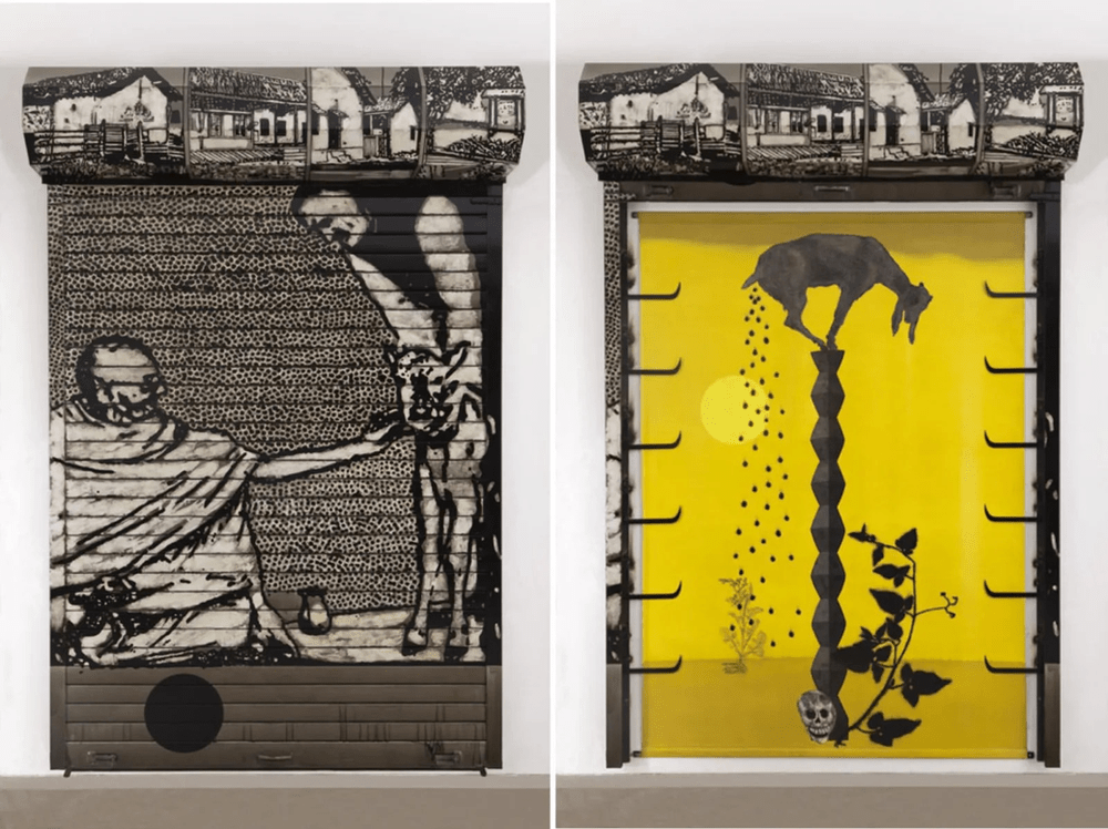Atul Dodiya. Grace. Enamel Paint on motorized metal roller shutter with iron hooks, Interior: Oil, acrylic with marble dust and oil stick on canvas, hung on iron bar. 2012. Courtesy: Vadehra Art Gallery.