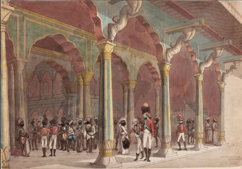 “English Officers in the Summer Palace of Tippoo in Bangalore”. 1791. Watercolour on paper. Image Courtesy: DAG.