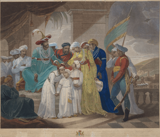 “Tippoo Sultaun delivering to Gullum Alli Beg the Vakeel his two sons who are taking leave of their brother previous to their departure from Seringapatam”. 1793. Mezzotint, tinted with watercolour on paper. Image Courtesy: DAG.