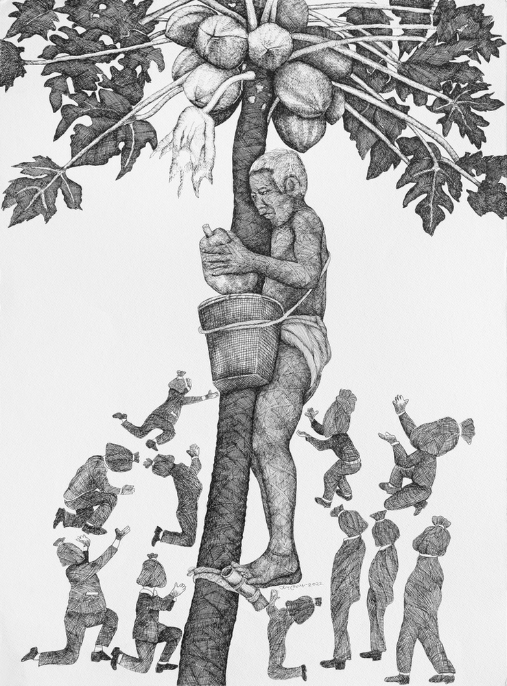 Joydeb Roaja. “Right to Relief 5”. 2022. Ink pen on paper. Image Courtesy: Jhaveri Contemporary.