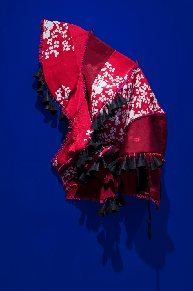 Kallol Datta. Object 12. Repurposed Haori and Obi; silk, viscose and polyester. 47 x 28 x 10 in. 2022. Image Courtesy the Artist and Experimenter, Kolkata.