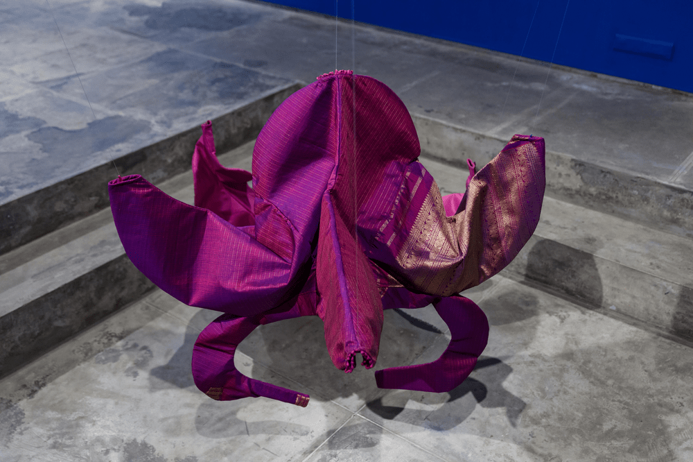 Kallol Datta. Object 7B. Repurposed sarie; silk and polyester. 48 x 43 x 34 in. 2022. Image Courtesy the Artist and Experimenter, Kolkata.