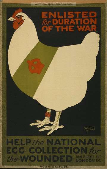 The poster by R.G. Praill that shows a chicken wearing a red leg band and a sash decorated with a crown. 