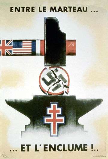 Poster by Jean Carlu depicting how the Nazi emblem is being crushed between the hammer and anvil