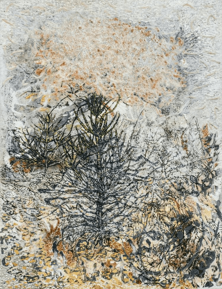 Jayashree Chakravarti. “Connecting”. 2020-21. Acrylic, oil, paper, shell flakes, synthetic adhesive, cotton on canvas. Image Courtesy: Akar Prakar.