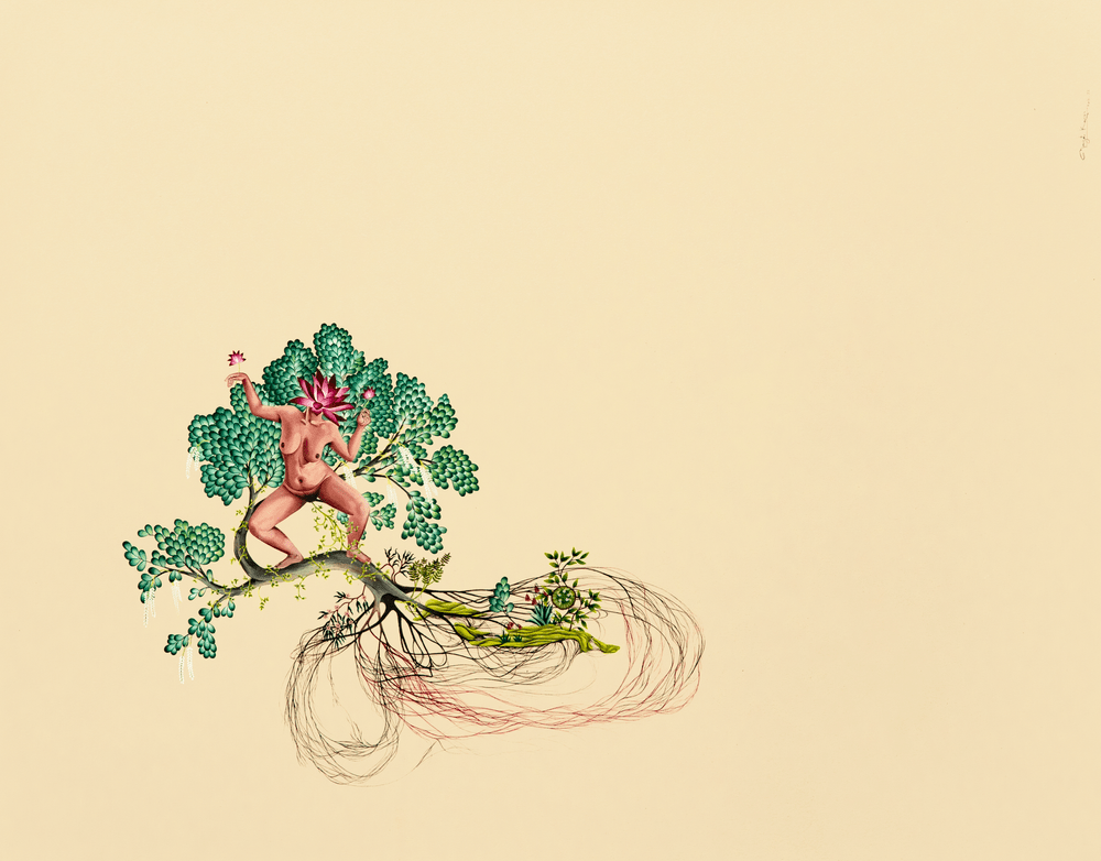Manjot Kaur. “When A Tree Grew Out Of Her Womb II”. 2022. Gouache and watercolour on paper. Image Courtesy: Latitude 28.