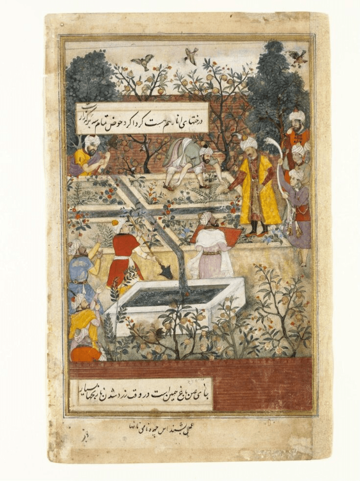 Bishudas (maker) & Nanha (artist). “Mughal Emperor Babur Superintending the layout of the Garden of Fidelity (Bagh-e-wafa)”. Kabul. Source Baburnama Ca. 1590. Courtesy of the Victoria & Albert Museum Collection.